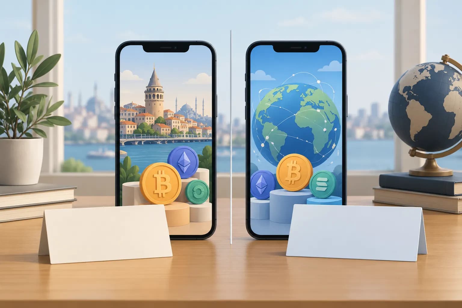 İki ayrı telefon ve Türkiye ile global ayrımını simgeleyen not kâğıtları sade bir masa üzerinde merkezde görülüyor.