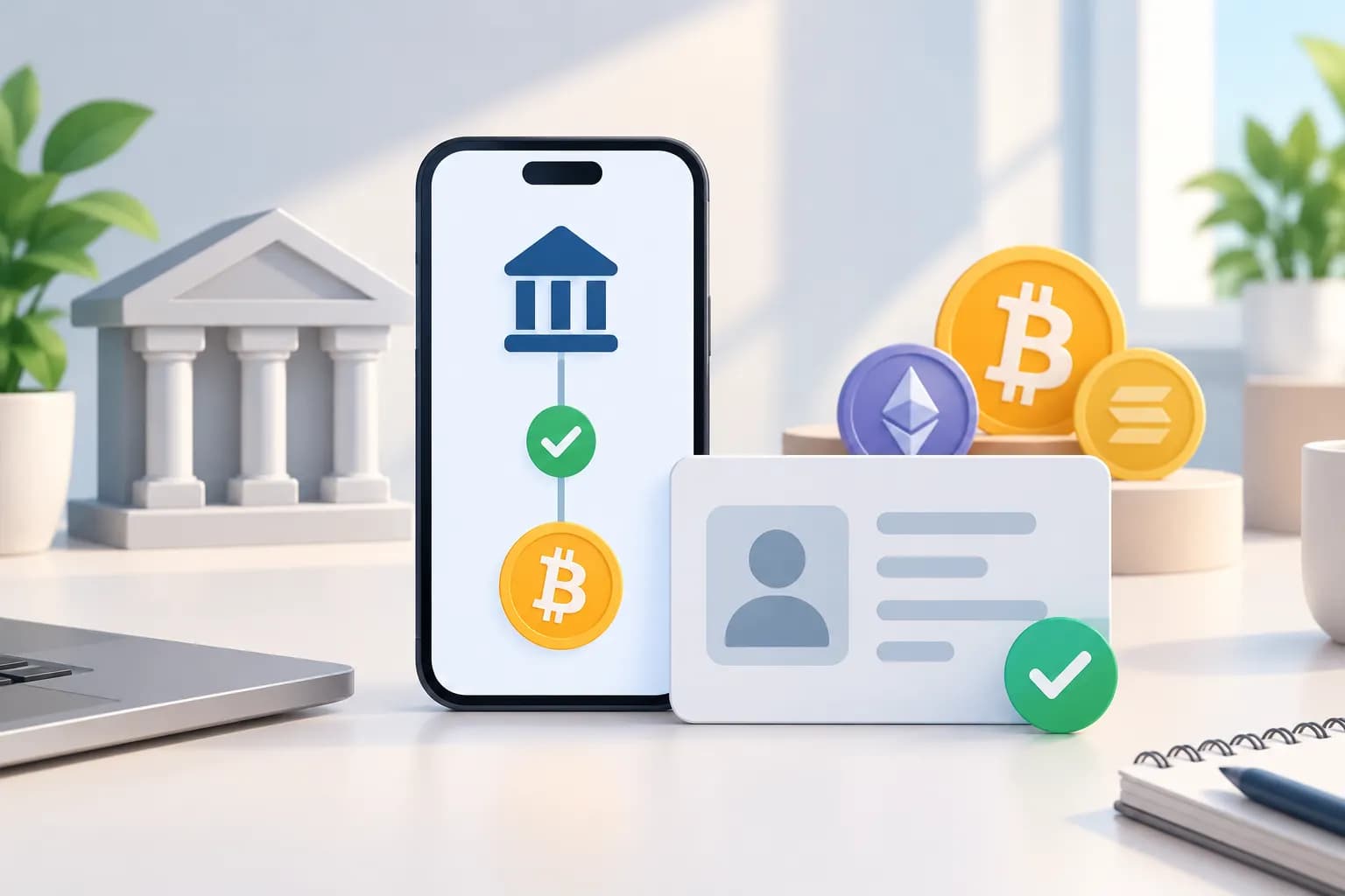 Genel telefon ve soyut kimlik kartı şekli sakin bir finans illüstrasyonunda merkezde görülüyor.