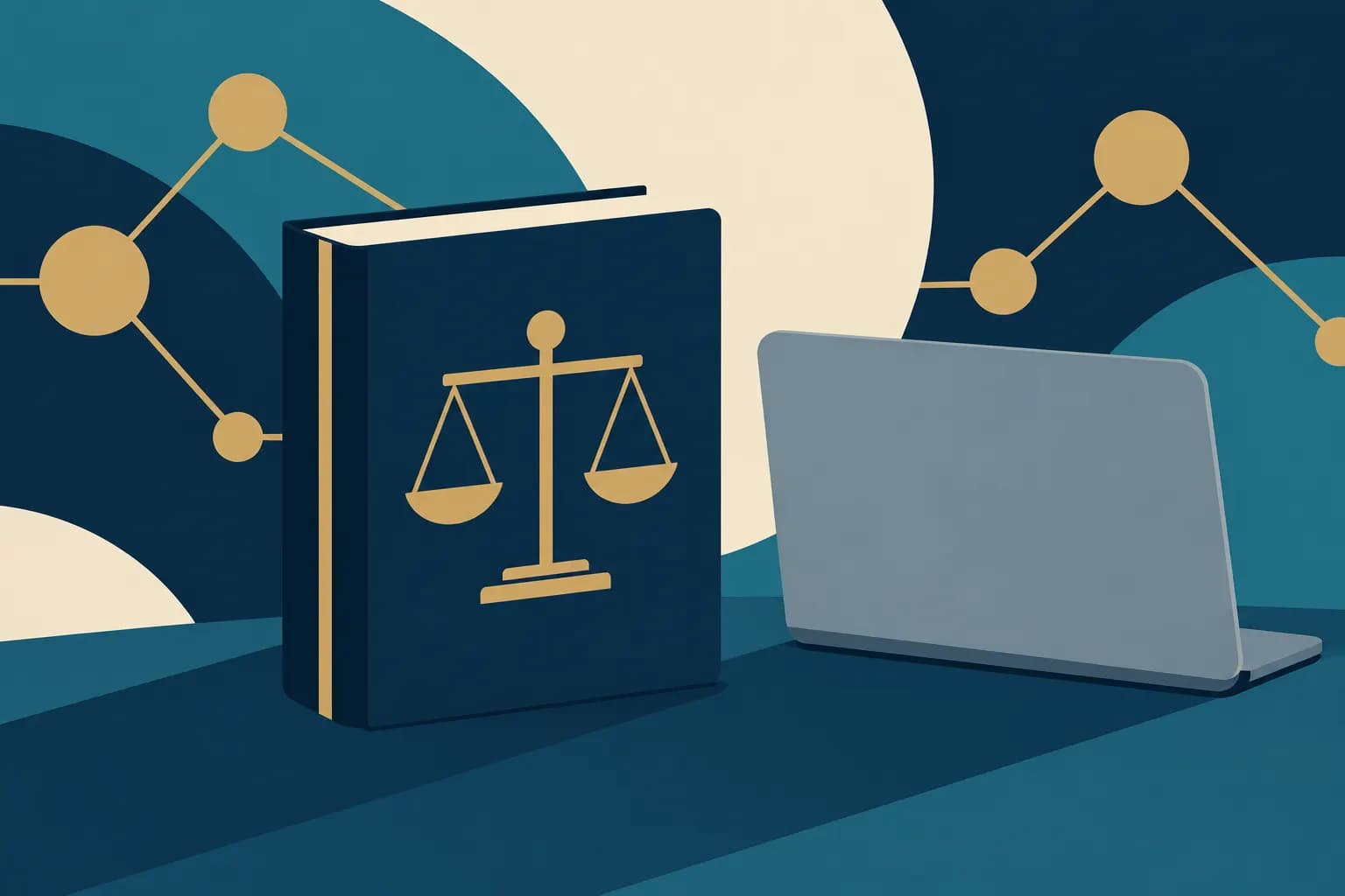 Genel terazi simgeli kapalı kitap ve bilgisayar sakin hukuk illüstrasyonunda merkezde görülüyor.